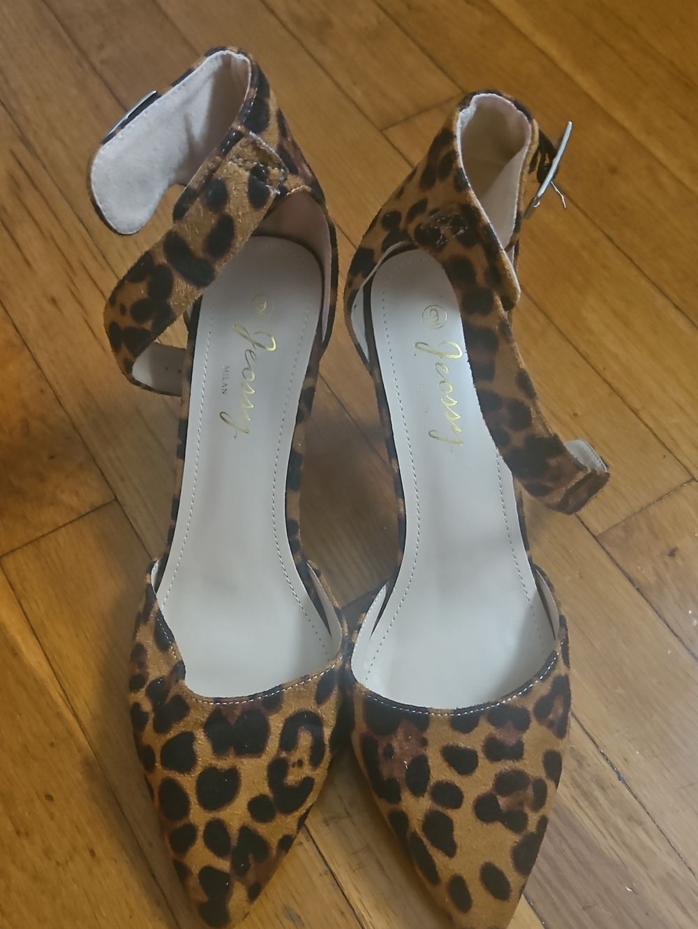 Ecco Leopard-Print Pointed-Toe Ankle-Strap Heels in Brown and Black